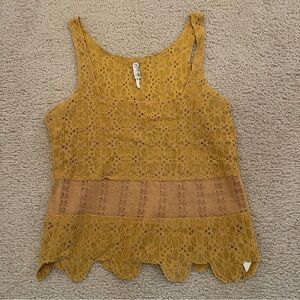 Free People Mustard Yellow Lace Cami Size XS Lace Eyelet Detail Scalloped Hem